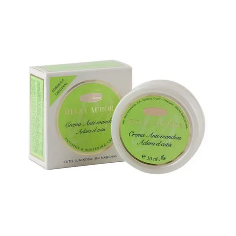 Bella Aurora double strength anti-dark spots whitening cream in 30ml jar, featuring a sleek design with the Jag Couture London branding.