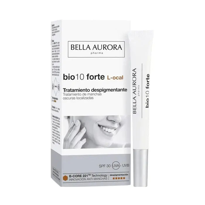 Bella Aurora Bio 10 Forte L-ocal SPF30 skincare product in 9ml container, designed for brightening and skin renewal.