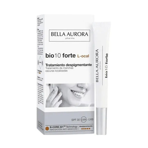 Bella Aurora Bio 10 Forte L-ocal SPF30 skincare product in 9ml container, designed for brightening and skin renewal.