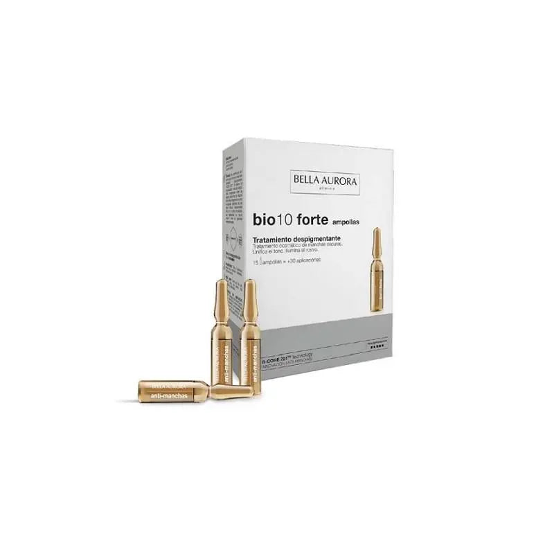 Bella Aurora Bio10 Forte depigmenting ampoules in 2ml vials, set of 15, shown in clear packaging with bright labels.