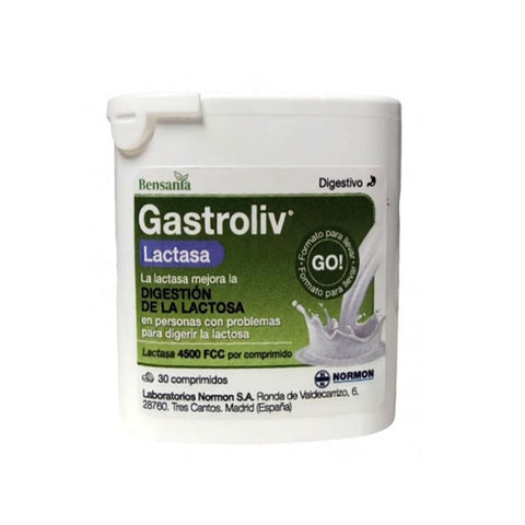 Bensania Gastroliv Lactase supplement in a bottle of 30 tablets, designed to support digestion and lactose intolerance.