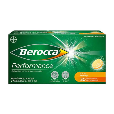 Berocca Performance orange effervescent tablets in a blister pack, dietary supplement by Jag Couture London New York.