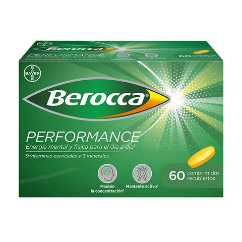 Jag Couture London New York Berocca Performance 60 tablets bottle with colorful packaging and tablets inside.