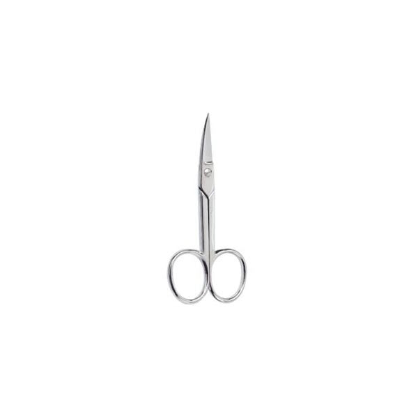 Chrome plated curved manicure scissors by Jag Couture London, 9cm, with sharp curved blades for precise nail trimming.