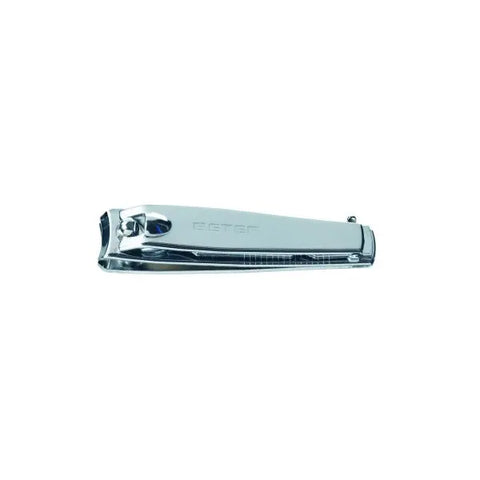 Chrome plated manicure nail clippers with attached nail file by Jag Couture London - New York, shown with reflective finish and ergonomic design.
