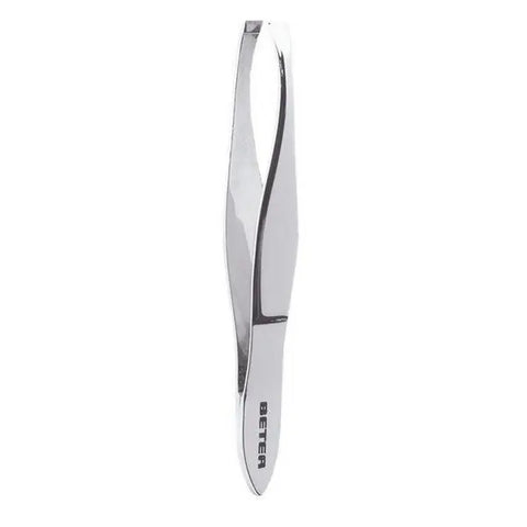 Chrome plated straight tip tweezers from Beter by Jag Couture London New York, close-up of the precise, polished tips.