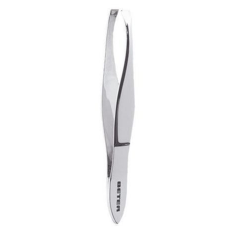 Jag Couture London New York Beter chrome plated straight tip tweezers, close-up showing precision stainless steel tips.