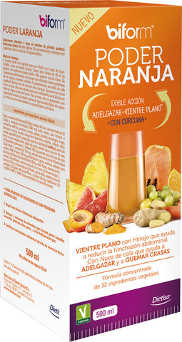 Biform Poder Naranja con Curcuma 500ml bottle by Jag Couture London New York, with vibrant orange liquid and turmeric root.