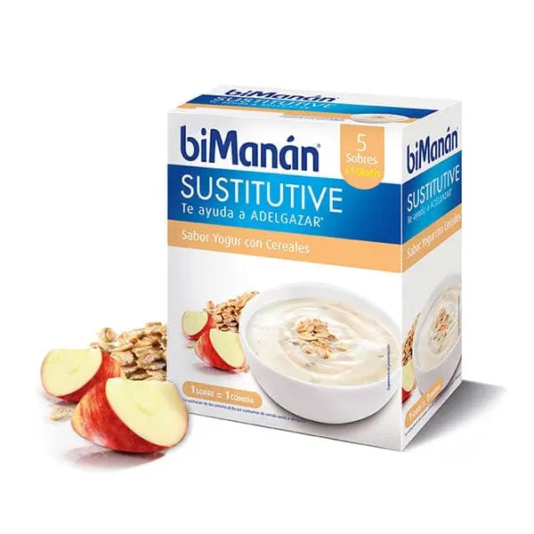 Five units of Bimanán Sustitutive Cereal Yoghurt Cream by Jag Couture London New York, showing the packaged product with cereal and yoghurt.
