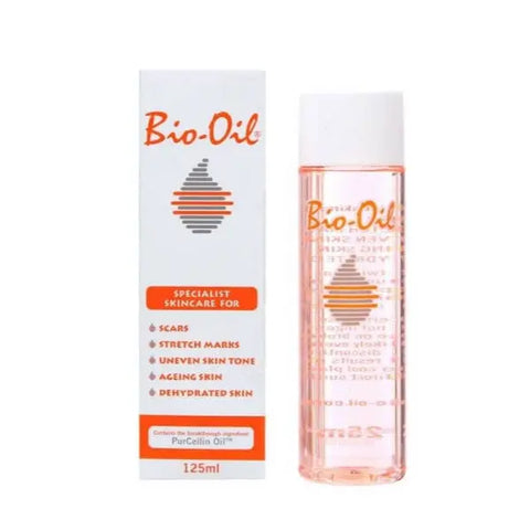 Jag Couture London Bio-Oil 125ml for scars, stretch marks, and dehydrated skin, showing the oil bottle with label and packaging.