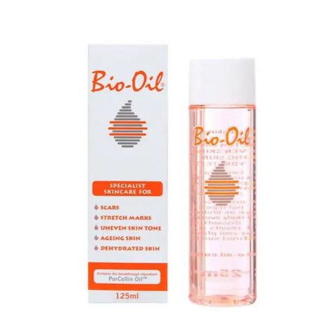 Bio-Oil 125ml for scars, stretch marks, and dehydrated skin by Jag Couture London New York, featuring the oil bottle and label.