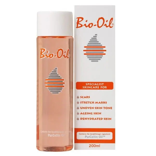 Bio-Oil 200ml for scars, stretch marks, and dehydrated skin by Jag Couture London New York, shown in a clear bottle.