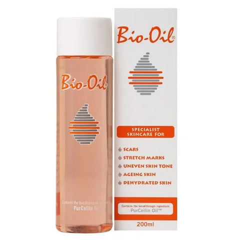 Bio-Oil 200ml for scars, stretch marks, and dehydrated skin by Jag Couture London New York, shown in a clear bottle.