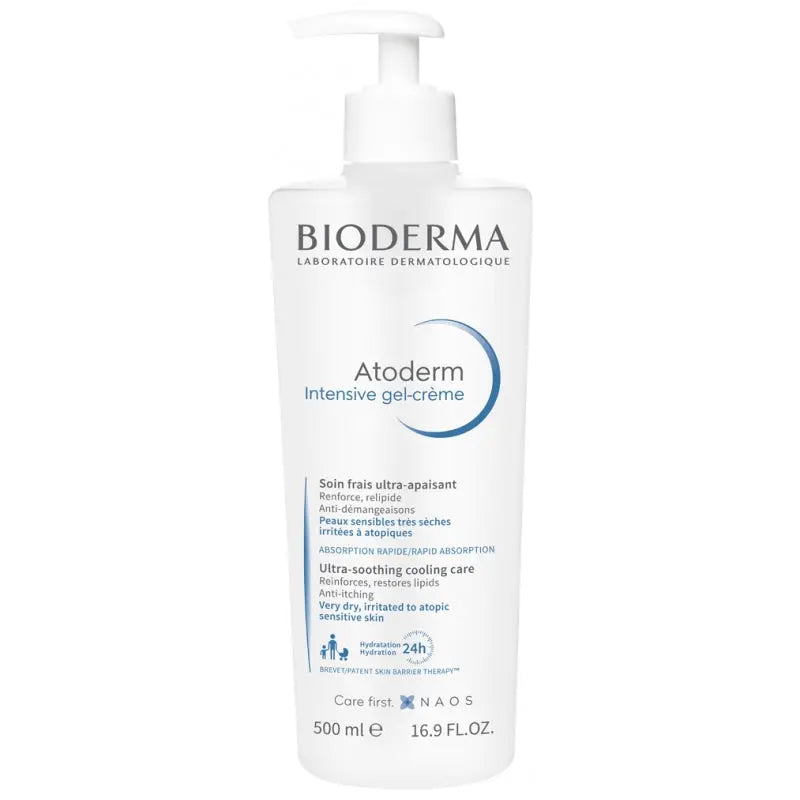 Bioderma Atoderm Intensive Gel Cream 500ml jar, hydrating skincare product with blue and white packaging, suitable for sensitive skin