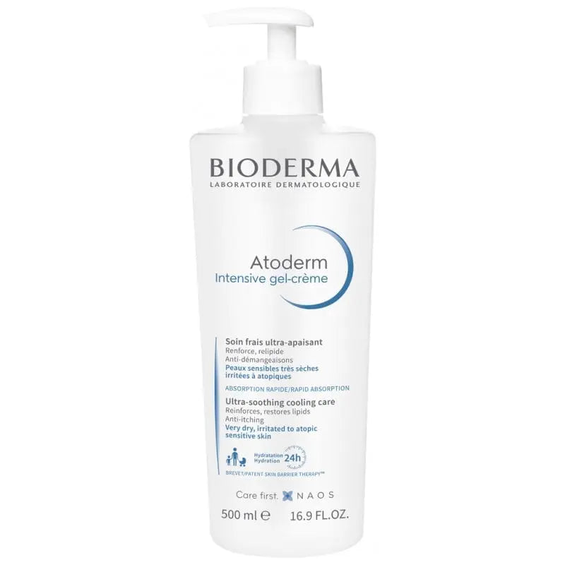 Bioderma Atoderm Intensive Gel Cream 500ml in a pump bottle, suitable for dry and sensitive skin, by Jag Couture London New York