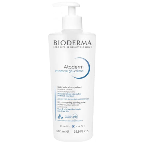 Bioderma Atoderm Intensive Gel Cream 500ml in a white tube with blue accents, designed for intensive skin hydration and soothing relief.