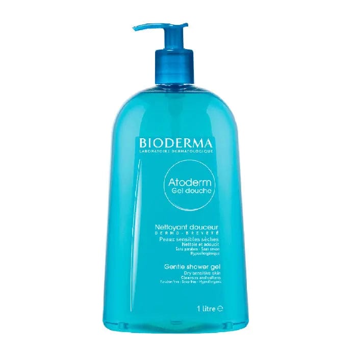 Bioderma Atoderm Shower Gel in a 1000ml bottle, natural skincare product by Jag Couture London New York, with a white and blue label
