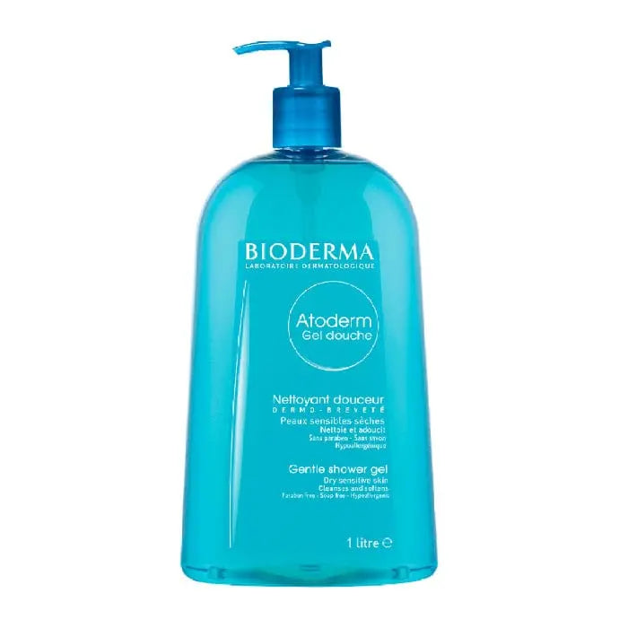 Bioderma Atoderm Shower Gel 1000ml bottle with label, creamy texture, and pump dispenser, on a clean background.
