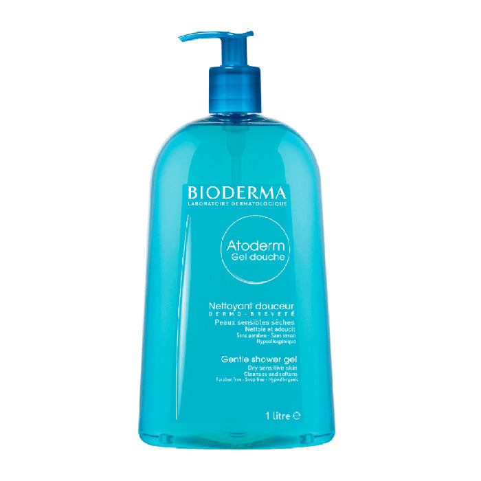 Bioderma Atoderm Shower Gel in 1000ml bottle, gentle skincare product with hydrating formula, displayed in a clean, minimal setting.