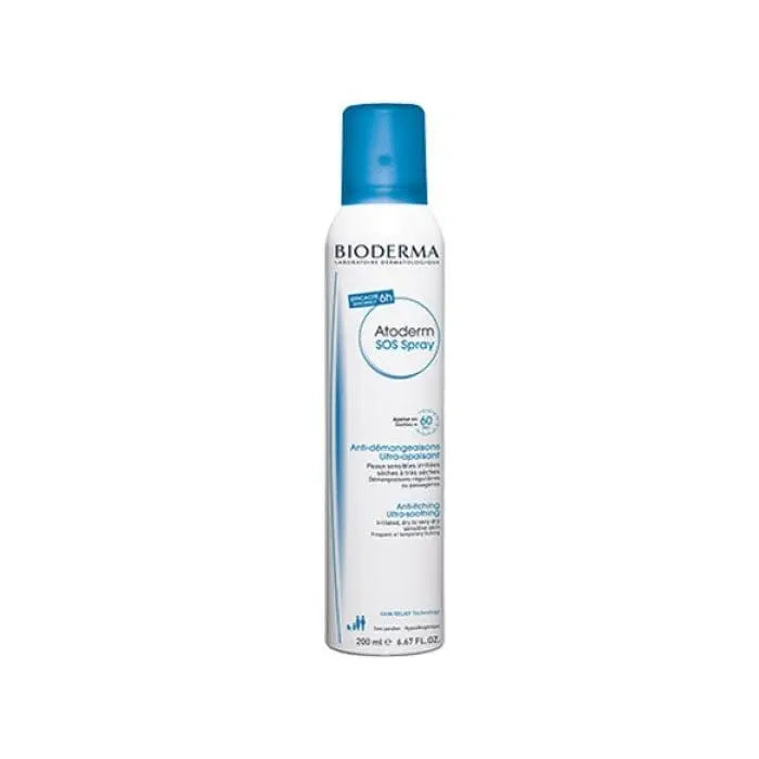Bioderma Atoderm SOS Spray 200ml, skincare product in a white spray bottle with blue accents, displayed on a plain background.