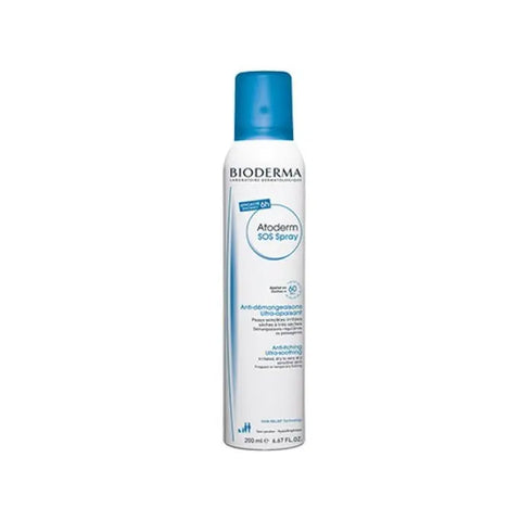Bioderma Atoderm SOS Spray 200ml, moisturizing skin spray in a white bottle, with blue and green labels, by Jag Couture London New York.