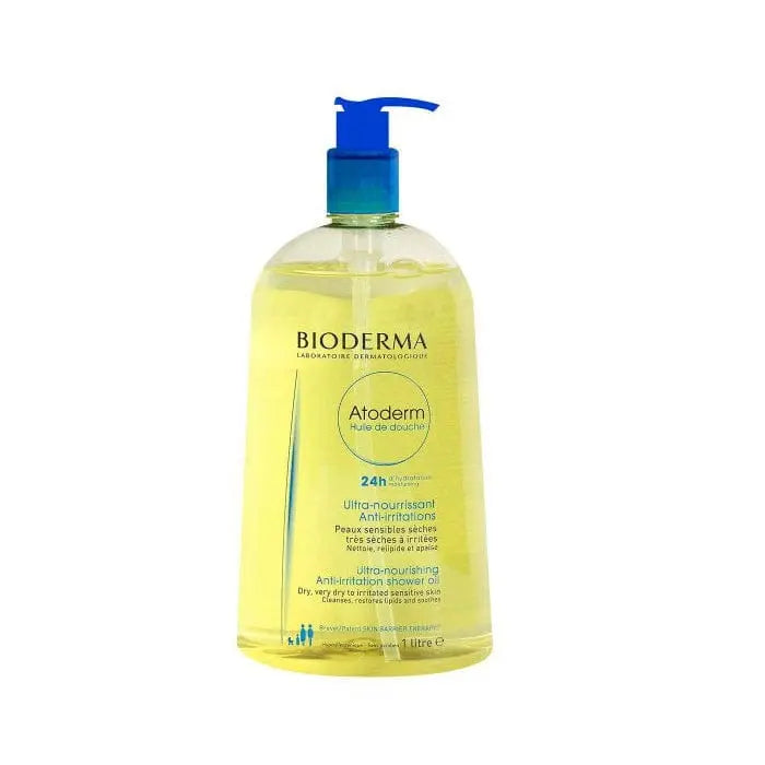 Bioderma Atoderm Ultra Nourishing Shower Oil 1000ml in a clear bottle with a pump, designed for gentle skin cleansing.