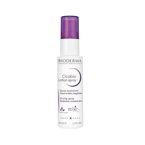 Bioderma Cicabio Desiccant Lotion Spray 40ml by Jag Couture London, New York, shown in a sleek bottle with a spray nozzle.