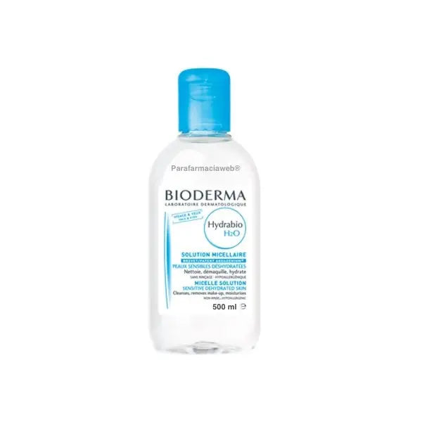 Bioderma Hydrabio H2O micelle solution 500ml bottle, gentle skincare cleanser with clear liquid in a white bottle