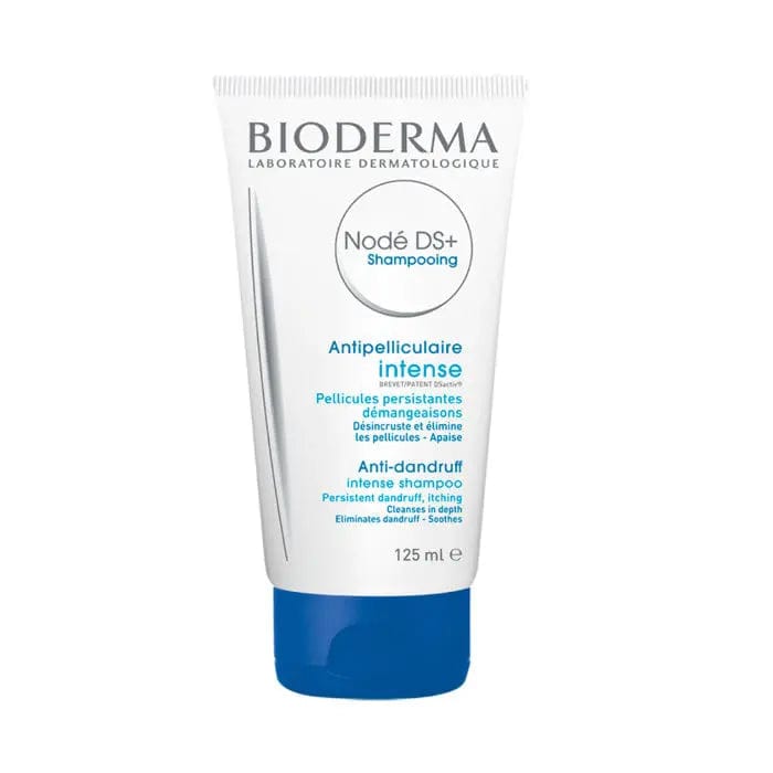 Bioderma Nodé Ds+ anti-recurrence antidandruff shampoo bottle, 125ml, with clear label and cap, on a white background.