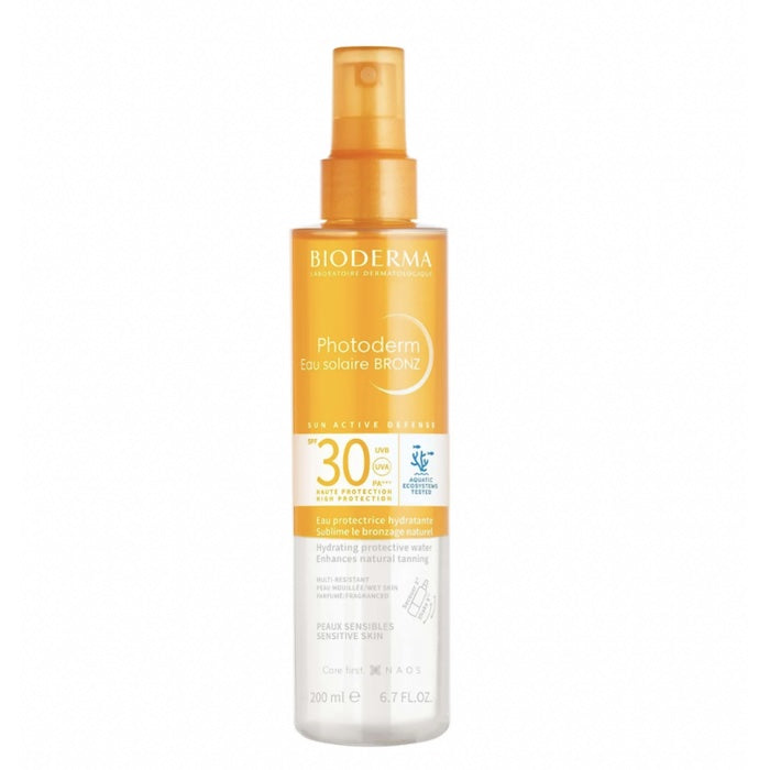 Bioderma Photoderm Eau Solaire Bronz SPF30 sunscreen spray in 200ml bottle, suitable for sun protection and tanning.