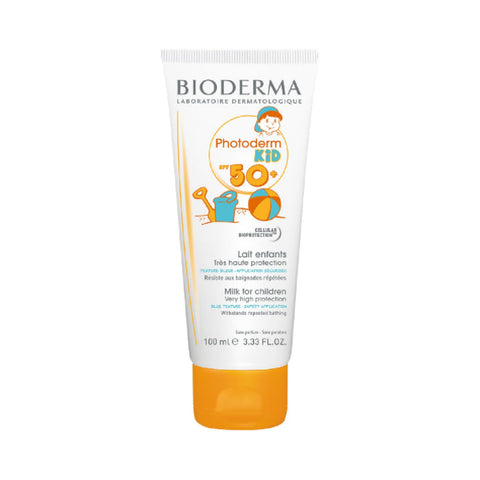Bioderma Photoderm Kid SPF50+ sunscreen for children in a 100ml bottle, with child-friendly packaging and protective sunblock formula
