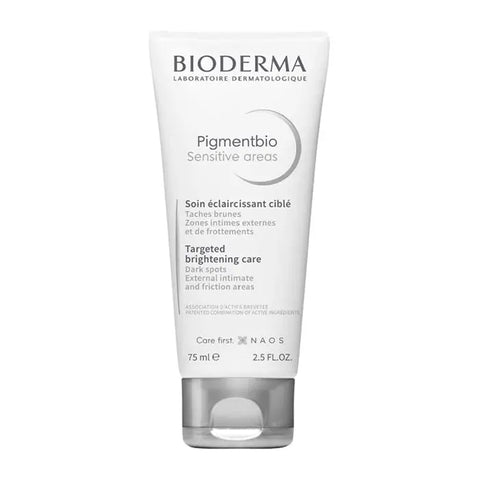 Bioderma Pigmentbio Sensitive Areas 75ml tube, skincare product for sensitive skin, with branding details in the background.