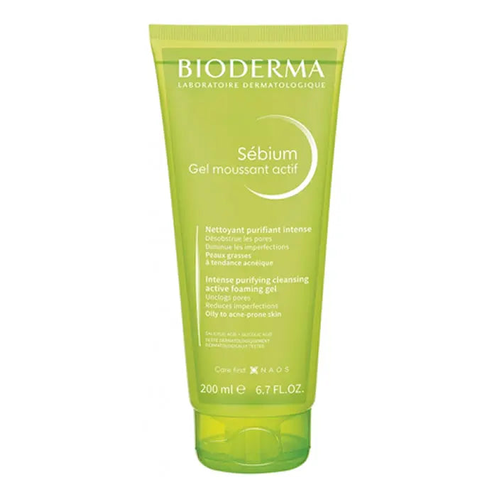Bioderma Sébium Active Foaming Gel 200ml, a gentle facial cleanser with clear packaging and pump dispenser, by Jag Couture London New York.