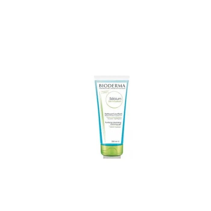 Bioderma Sebium Gel Moussant 200ml cleanser for oily and acne-prone skin, shown in a clear bottle with label.