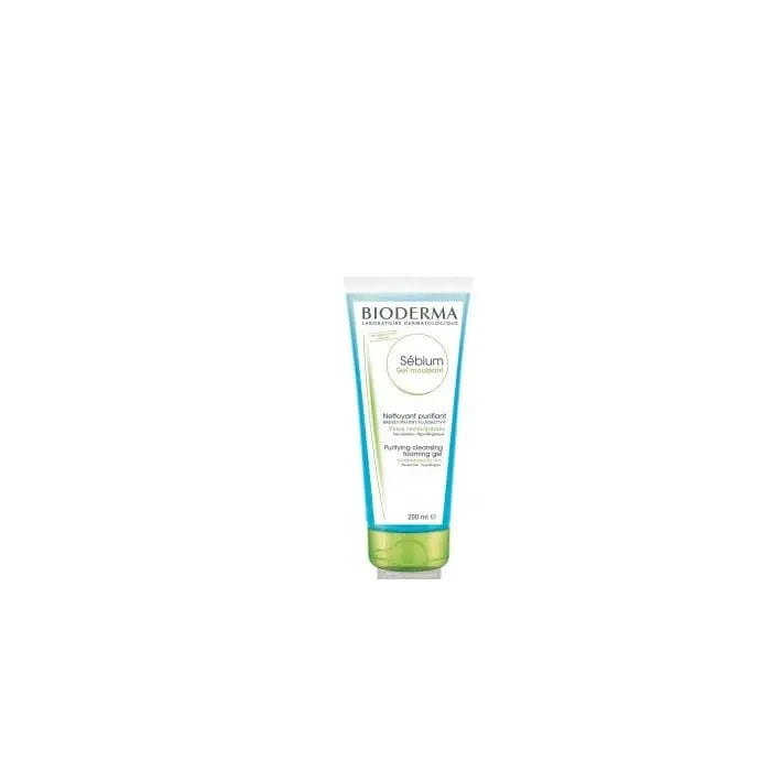 Bioderma Sebium Gel Moussant 200ml, foaming facial cleanser for oily and acne-prone skin, with gentle cleansing action.