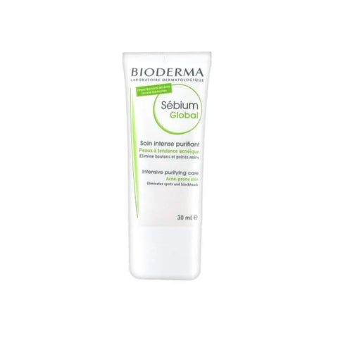 Bioderma Sebium Global Intensive Purifying Care 30ml tube, skincare product for acne-prone skin, held in a hand.