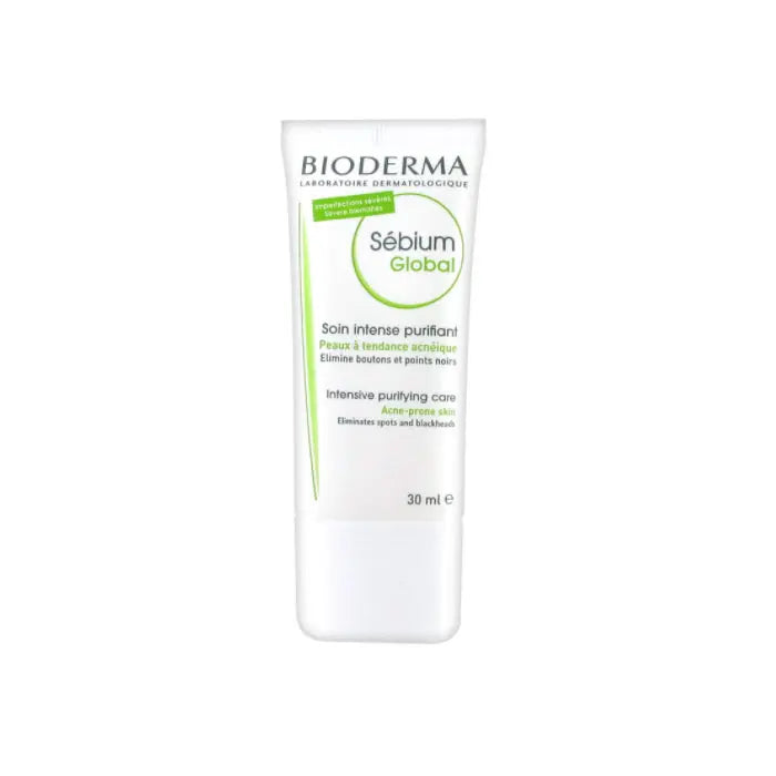 Bioderma Sebium Global Intensive Purifying Care 30ml tube, skincare product for acne-prone skin, with descriptive packaging.
