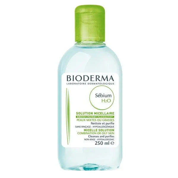 Bioderma Sebium H2O micelle solution for combination or oily skin, 250ml bottle, shown in a clear, branded packaging.