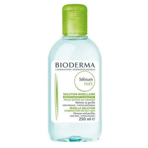 Bioderma Sebium H2O micelle solution for combination or oily skin, 250ml bottle, shown in a clear, branded packaging.