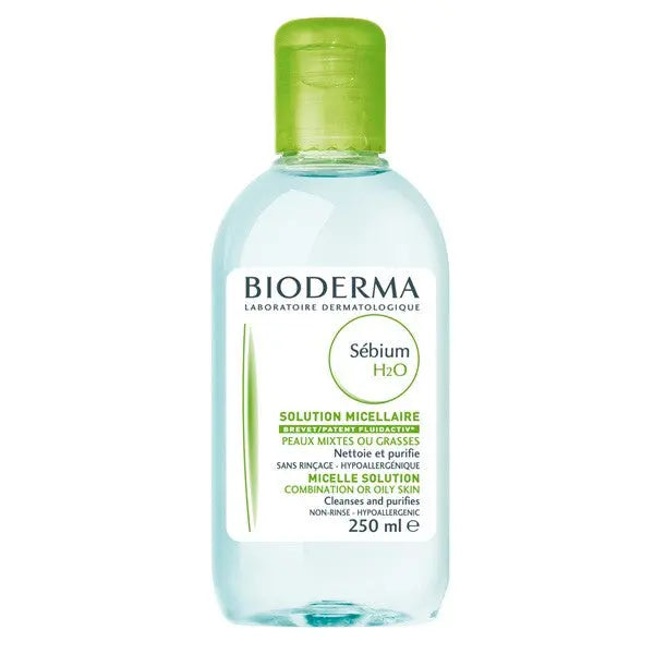 Bioderma Sebium H2O micelle solution for combination or oily skin in a 250ml bottle, displayed with product label and packaging.