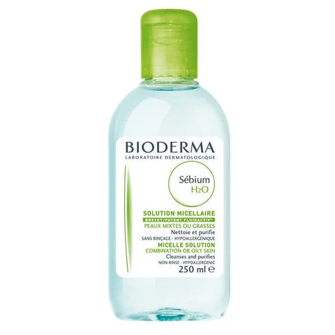 Bioderma Sebium H2O micelle solution for combination or oily skin in a 250ml bottle, displayed with product label and packaging.
