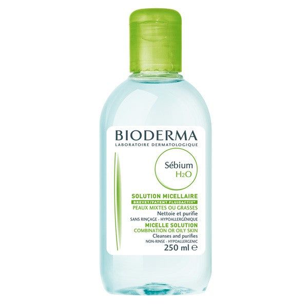 Bioderma Sebium H2O micelle solution for combination or oily skin in a 250ml bottle, shown in a clear image.