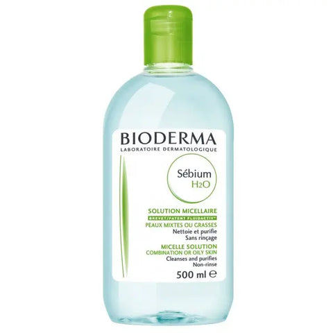 Bioderma Sébium H2O Water Micellar 500ml bottle, gentle facial cleanser for oily and acne-prone skin, by Jag Couture London New York