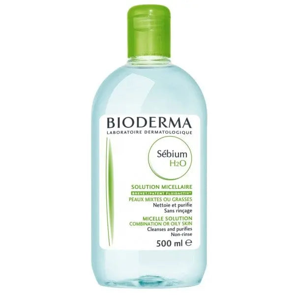 Bioderma Sébium H2O Water Micellar 500ml bottle, gentle facial cleanser with micellar water from Bioderma.