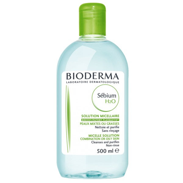 Bioderma Sébium H2O Water Micellar 500ml bottle, a gentle facial cleanser for oily and acne-prone skin.