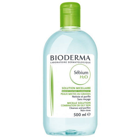 Bioderma Sébium H2O Water Micellar 500ml bottle, a gentle facial cleanser for oily and acne-prone skin.