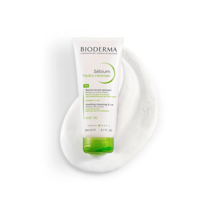 Bioderma Sebium Hydra Cleanser 200ml bottle, gentle skincare product for oily and acne-prone skin, displayed on a clean background.