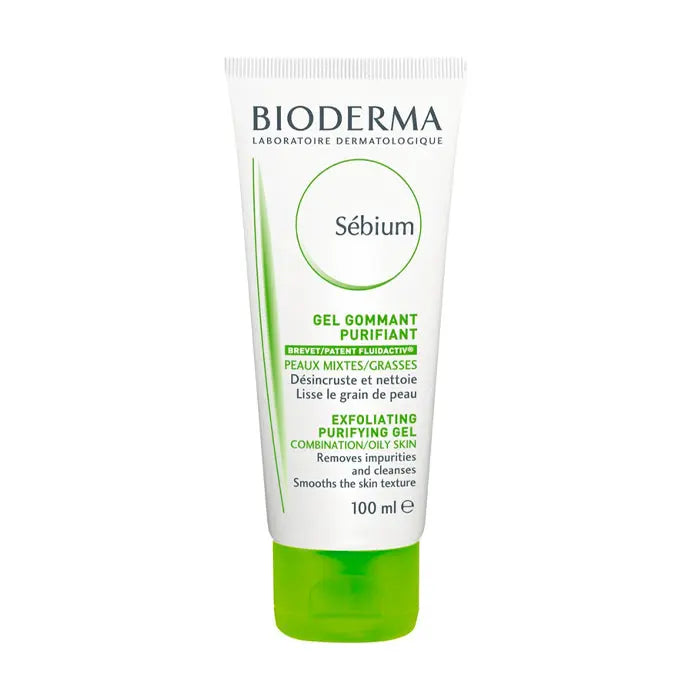 Bioderma Sebium Peeling-Gel 100ml from Jag Couture London New York, close-up of the skincare gel tube on a plain background.