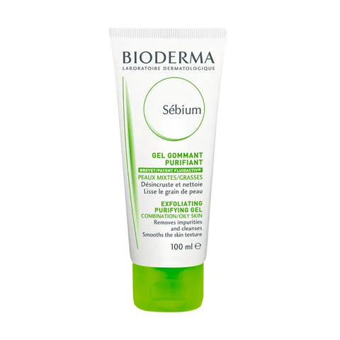 Bioderma Sebium Peeling-Gel 100ml from Jag Couture London New York, close-up of the skincare gel tube on a plain background.