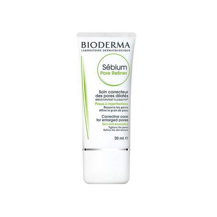 Bioderma Sébium Pore Refiner 30ml bottle with clear liquid, designed to minimize pores and refine skin texture.